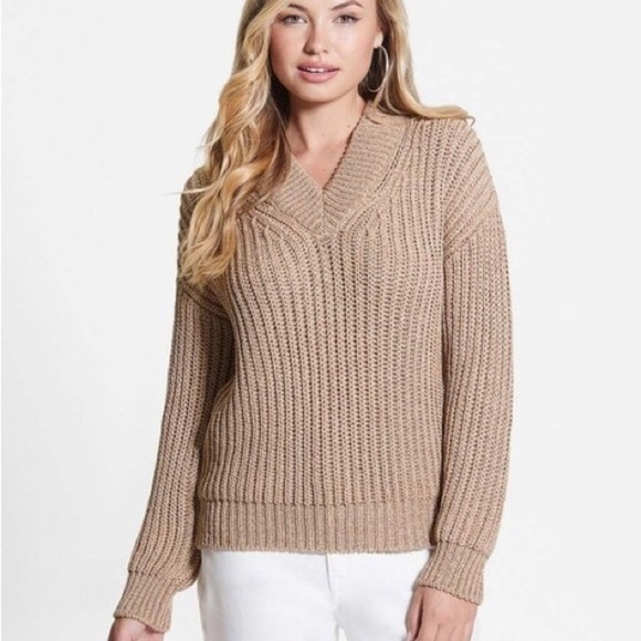 GUESS Dirty Lurex Metallic Cut-Out Neck Sweater Gold Shimmer Size Medium NWT - Picture 1 of 12